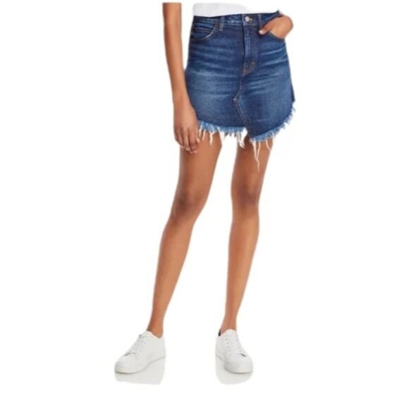 Free People Bailey Denim Fringe High Waist Mini Skirt Dark Blue 29 - Picture 4 of 9